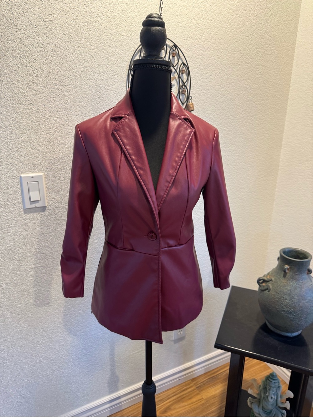 Women's Burgundy Faux Leather Single-Button Blazer